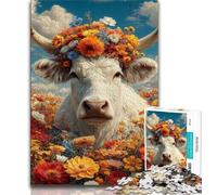 Jigsaw Puzzles for Teenagers 1000 Piece Cow Wearing A Wreath,for Educational Game Challenge Toy Deal As Gifts for The Whole Family 38x26cm
