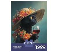 Jigsaw Puzzles for Teenagers 1000 Piece Elegant Black Cat with Wine Puzzle for Adults Relax Games Perfect Decoration Unique Birthday And Xmas Gifts 52x38cm/1000pcs