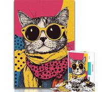 Jigsaw Puzzles for Teenagers 1000 Piece Fashion Cat,Stress Reliever Difficult Challenge with Matching Poster And Trivia Sheet 38x26cm