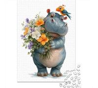 Jigsaw Puzzles for Teenagers 1000 Piece Hippopotamus with Flowers Jigsaw Puzzle Relax Games Difficult Hard Fun at Home Activities, 38x26cm/1000pcs