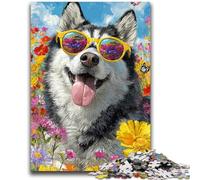 Jigsaw Puzzles for Teenagers 1000 Piece Huskies And Flowers Difficult And Challenge with Matching Poster And Trivia Sheet for Age 14 38x26cm