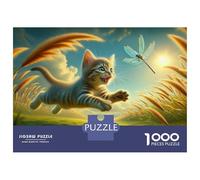 Jigsaw Puzzles for Teenagers 1000 Piece Kitten Chasing Dragonfly in Field Jigsaw Puzzle Relax Games Difficult Hard Fun at Home Activities, 38x26cm/1000pcs