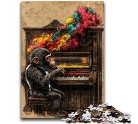 Jigsaw Puzzles for Teenagers 1000 Piece Monkey Playing The Piano Stress Reliever Staycation Kill Time with Matching Poster And Trivia Sheet 50x75cm