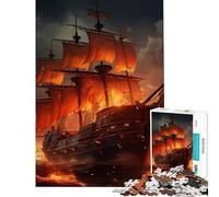 Jigsaw Puzzles for Teenagers 1000 Piece Pirate Ship on Fire Brain Intelligence Challenge Addictive Toys Family Game Stress Reliever Funny Gifts (Size 38x26cm)