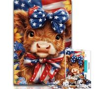 Jigsaw Puzzles for Teenagers 1000 Piece Puzzle American Flag Highland Cow,Challenging Game And Family Play with Fully Interlocking Randomly Shaped Pieces (38x26cm)