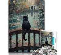 Jigsaw Puzzles for Teenagers 1000 Piece Puzzle Black Cat Sitting on The Bridge,Stress Reliever Difficult Challenge Every Piece Is Unique - Challenging Family Fun Game 38x26cm