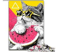 Jigsaw Puzzles for Teenagers 1000 Piece Puzzle Cat Eating Watermelon,Stress Reliever Difficult Challenge Is Ideal As Gifts for The Whole Family 50x75cm