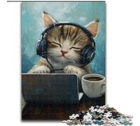 Jigsaw Puzzles for Teenagers 1000 Piece Puzzle Cat Listening to Music,Stress Reliever Difficult Challenge Is Ideal As Gifts for The Whole Family 38x26cm