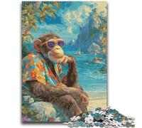 Jigsaw Puzzles for Teenagers 1000 Piece Puzzle Chimpanzees at The Beach Challenging To Complete But Fun And Humorous Educational Game for Birthday 26x38cm