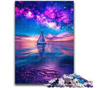 Jigsaw Puzzles for Teenagers 1000 Piece Puzzle Sailboat on The Sea Under The Galaxy Challenging To Complete But Fun And Humorous Educational Game for Birthday 26x38cm