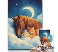 Jigsaw Puzzles for Teenagers 1000 Piece Sleeping Cat And Horse,Family Entertainment Toys with Matching Poster And Trivia Sheet (38x26cm)