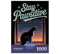 Jigsaw Puzzles for Teenagers 1000 Piece Stay Pawsitive Cat Window Starry Night Puzzle for Adults Relax Games Perfect Decoration Unique Birthday And Xmas Gifts 52x38cm/1000pcs