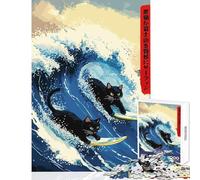 Jigsaw Puzzles for Teenagers 1000 Piece Surfing Cats Ukiyo-e Style Toy Wall Decor Funny Gift Brain Teaser Game Enhance Love between Couples size 50x75cm