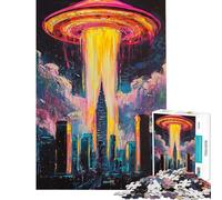 Jigsaw Puzzles for Teenagers 1000 Piece UFO Over Cityscape Adult Puzzles Relaxing Games Pattern Assembly Christmas Birthday Gifts (size 50x75cm)