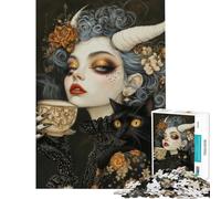 Jigsaw Puzzles for Teenagers 1000 Piece Witchcore Tea Time with Black Cat Familiar Puzzle for Adults Fun Games But Fun And Humorous Christmas Birthday Gifts (Size 38x52cm)