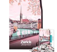 Jigsaw Puzzles for Teenagers 1000 Piece Zurich Cityscape Illustration Brain Intelligence Challenge Addictive Toys Family Game Stress Reliever Funny Gifts (Size 38x26cm)