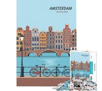 Jigsaw Puzzles for Teenagers 1000 Pieces Amsterdam Netherlands Cityscape, Travel Poster Challenging Game Toys Impossible Game Stress Reliever Secret Santa Gifts (Size 75x50cm)