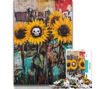Jigsaw Puzzles for Teenagers 1000 Pieces Basquiat-style Sunflower Skull,Toys Educational Games Stress Relieving Parent-child Interaction (38x26cm)