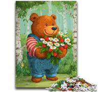Jigsaw Puzzles for Teenagers 1000 Pieces Bear Holding Flowers Help The Brain Exercise Addictive Toys to Cultivate Patience Suitable for Couples 50x75cm