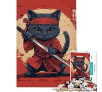 Jigsaw Puzzles for Teenagers 1000 Pieces Black Cat Samurai Japan Challenging Game Toys Educational Game Enhance Memory Secret Santa Gifts (Size 38x26cm)