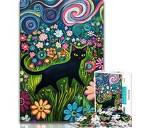 Jigsaw Puzzles for Teenagers 1000 Pieces Black Cat Walking in The Flowers,Stress Reliever Difficult Challenge Unique Home Decor And Gifts 38x26cm