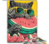 Jigsaw Puzzles for Teenagers 1000 Pieces Cat Eating Watermelon,Stress Reliever Difficult Challenge Every Piece Is Unique - Challenging Family Fun Game 38x52cm