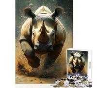 Jigsaw Puzzles for Teenagers 1000 Pieces Charging Rhino Hands-on Game Difficult Hard Anti-Stress Toys Improving Love between Couples (75X50CM)