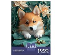 Jigsaw Puzzles for Teenagers 1000 Pieces Corgi Puppy with Frog on Lilypad Teenager Puzzles Toy Wall Decor Home Decoration Parent-child Interaction 38x26cm/1000pcs