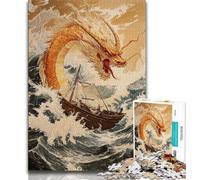 Jigsaw Puzzles for Teenagers 1000 Pieces Japanese Wave Dragon, Family Fun,with Fully Interlocking Randomly Shaped Pieces for And Age 14 Years Up 38x26cm