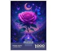 Jigsaw Puzzles for Teenagers 1000 Pieces Purple Rose in Crystal Vase with Butterflies Jigsaw for Adults Relaxing Games Home Decoration Unique Gifts for Birthday And Christmas 52x38cm/1000pcs