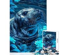 Jigsaw Puzzles for Teenagers 1000 Pieces Seal in Blue Floral Waters Educational Games Pattern Assembly Toy Wall Decor Improving Love between Couples (26X38cm)