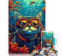 Jigsaw Puzzles for Teenagers 1000 Pieces Undersea Diver Cat,Help The Brain Exercise Addictive Toys to Cultivate Patience Perfect Decoration 38x26cm