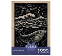 Jigsaw Puzzles for Teenagers 1000 Pieces Whale in Stormy Sea Woodcut Illustration Puzzles for Adults Hands-on Game Difficult Challenge for Is Ideal As A Gift 38x26cm/1000pcs
