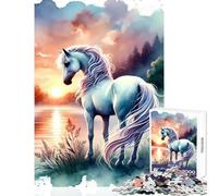 Jigsaw Puzzles for Teenagers 1000 Pieces White Horse Sunset Adult Jigsaw Puzzles Precision Cutting Help The Brain Exercise Great Gifts for Gaming (38x26cm)