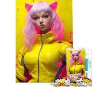 Jigsaw Puzzles for Teenagers 1000 Pieces Yellow Neon Anime Girl Cat Challenging Game Toys Impossible Game Suitable for Couples Birthday Gifts (Size 38x52cm)