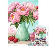 Jigsaw Puzzles for Teenagers 1000 Pink Peonies Bouquet with Fresh Strawberries Elegant Floral Puzzle For Teenagers Family Activities Educational Challenge Gifts for Friends And Family