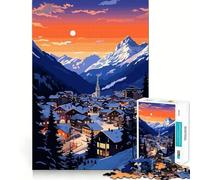 Jigsaw Puzzles for Teenagers 1000 Swiss Sunset Snow Village Tight Cut Fun Creative Brain Play Relax Fun Time Xmas Art Gift (50x75cm)