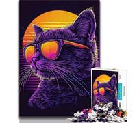 Jigsaw Puzzles for Teenagers 1000 Synthwave Purple Cat 1000 Pieces for Adults,Family Entertainment Toys with Matching Poster And Trivia Sheet 75x50cm