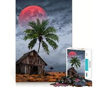 Jigsaw Puzzles for Teenagers 1000 Tropical Hut Under A Blood Moon Tight Cut Fun Creative Brain Play Relax Fun Time Xmas Art Gift(38x26cm)