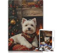 Jigsaw Puzzles for Teenagers 1000 Westie Christmas by Fireplace Painting Staycation Kill Time Hands-on Game Secret Santa Gifts (size 38x52cm)