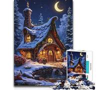 Jigsaw Puzzles for Teenagers 1000 Whimsical Winter Cottage Under Crescent Moon But Fun And Humorous Birthday Gift for Ages 14 And over 38x52cm
