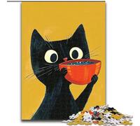 Jigsaw Puzzles for Teenagers Black Cat Drinking Coffee Family Game Stress Reliever Difficult Challenge Secret Santa Gifts (size 26x38cm)