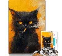 Jigsaw Puzzles for Teenagers Black Cat Smoking Teenager Jigsaw,Family Activity Fun at Home Activities, Birthday Present,Travel Gifts (size 38x26cm)