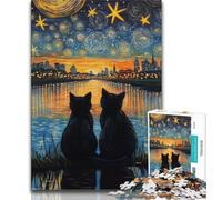 Jigsaw Puzzles for Teenagers Black Cat Under The Night Sky,Help The Brain Exercise Addictive Toys to Cultivate Patience Wall Decoration (38x26cm)