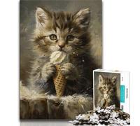 Jigsaw Puzzles for Teenagers Cat Eating Ice Cream Teenager Jigsaw,Family Activity Fun at Home Activities, Birthday Present,Travel Gifts (size 38x26cm)