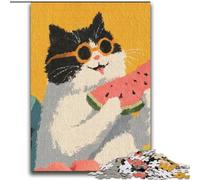 Jigsaw Puzzles for Teenagers Cat Eating Watermelon,Family Game Stress Reliever Difficult Challenge Enhance Love between Couples 38x52cm