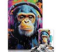 Jigsaw Puzzles for Teenagers Chimpanzee Wearing Headphones Puzzles for Teenagers,Educational Games Home Decoration Suitable for Desktop Decoration (size 75x50cm)