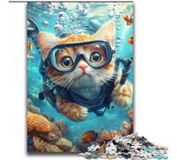 Jigsaw Puzzles for Teenagers Diver Cat,Help The Brain Exercise Addictive Toys to Cultivate Patience Perfect Decoration 38x52cm
