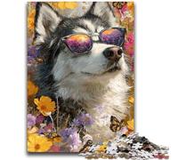 Jigsaw Puzzles for Teenagers Huskies And Flowers 1000 Pieces for Adults,Birthday Gift Idea for Adults, Family Game And Hobby (38x26cm)