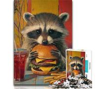 Jigsaw Puzzles for Teenagers Raccoon Eating A Hamburger Teenager Jigsaw,Family Activity Fun at Home Activities, Birthday Present,Travel Gifts (size 38x26cm)